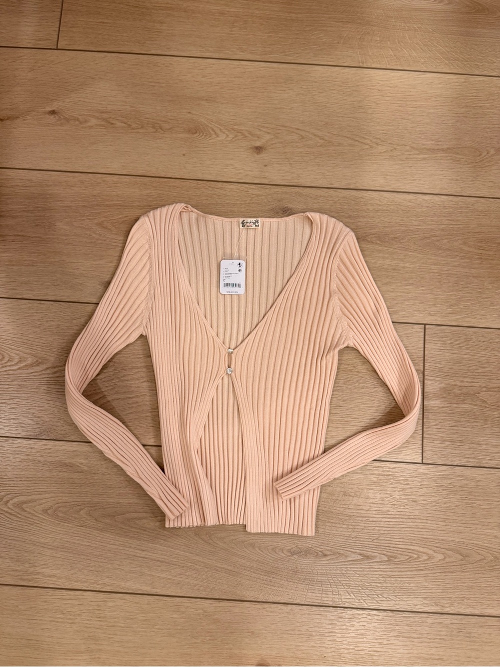 Free People Peach Ribbed V-Neck Long Sleeve Top